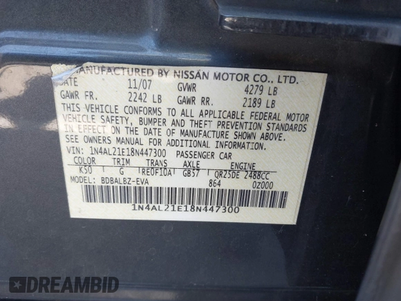 2008 Nissan Altima 2.5 SL with VIN 1N4AL21E18N447300, listed as a IAAI auction lot 40548669 with 178,745 mi miles. Bid and sale history available at carsss.com. Image 9.