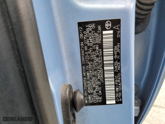 2012 Toyota Prius Plug-In with VIN JTDKN3DPXC3027664, listed as a Copart auction lot 72199924 with 80,520 mi miles and Salvage Title. Bid and sale history available at carsss.com. Image 14.
