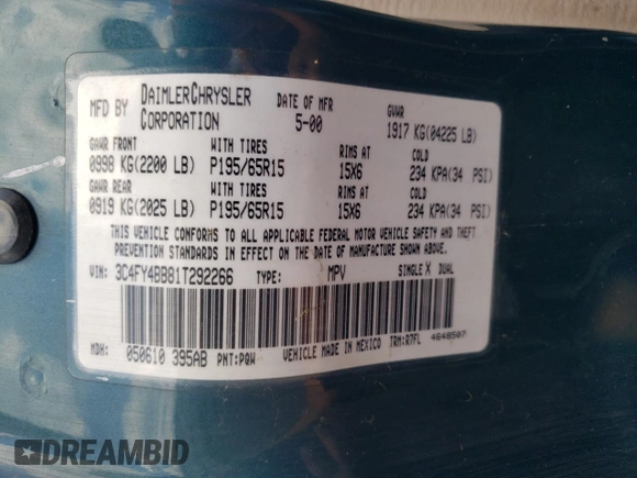 2001 Chrysler PT Cruiser with VIN 3C4FY4BB81T292266, listed as a Copart auction lot 61337454 with Not Provided miles and Clean Title. Bid and sale history available at DreamBid. Image 13.