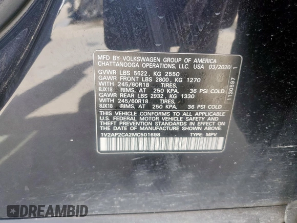 2021 Volkswagen Atlas S with VIN 1V2AP2CA2MC501698, listed as a Copart auction lot 60800245 with 159,721 mi miles and Clean title. Bid and sale history available at DreamBid. Image 13.