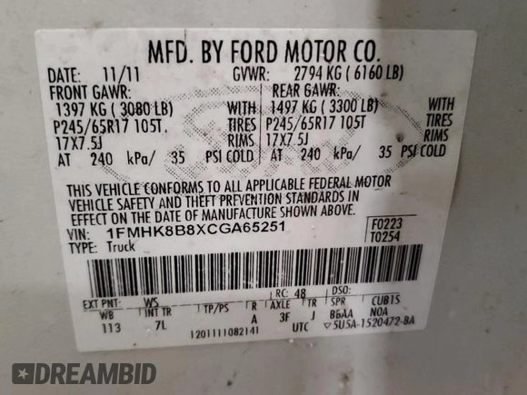 2012 Ford Explorer with VIN 1FMHK8B8XCGA65251, listed as a Copart auction lot 53715625 with 241,568 mi miles and Clean title. Bid and sale history available at DreamBid. Image 13.