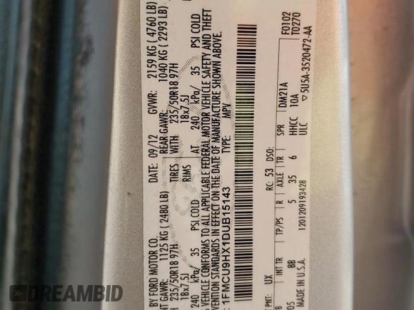 2013 Ford Escape SEL with VIN 1FMCU9HX1DUB15143, listed as a Copart auction lot 56237095 with 127,017 mi miles and Salvage title. Bid and sale history available at DreamBid. Image 13.