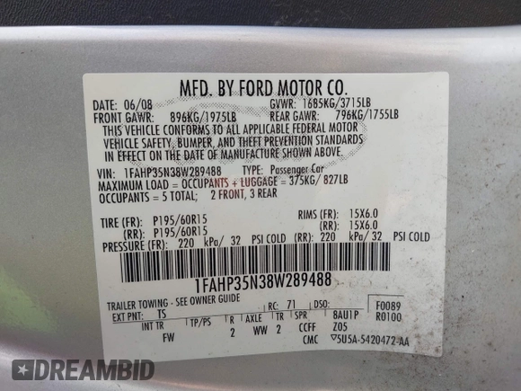 2008 Ford Focus SE z VIN 1FAHP35N38W289488, wystawiony jako IAAI lot #41993519 z przebiegiem 328 515 mil mil oraz . Historia ofert i sprzedaży dostępna na DreamBid. Obrazek 9.