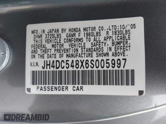 2006 Acura RSX with VIN JH4DC548X6S005997, listed as a IAAI auction lot 41602721 with 92,727 mi miles. Bid and sale history available at carsss.com. Image 9.