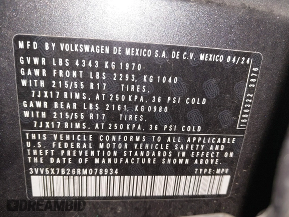 2024 Volkswagen Taos S с VIN 3VV5X7B26RM078934, выставлен на аукционе IAAI как лот 41802423 с пробегом 12 233 миль миль и . История ставок и продаж доступна на DreamBid. Изображение 9.