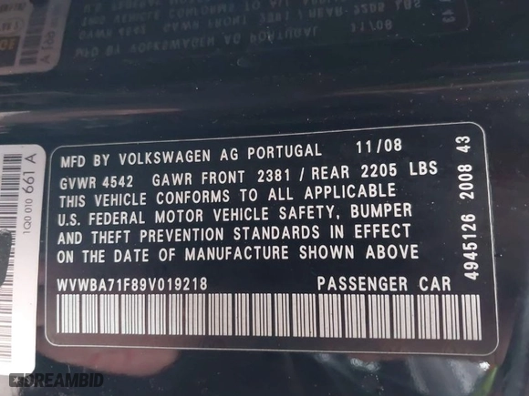 2009 Volkswagen Eos Komfort with VIN WVWBA71F89V019218, listed as a IAAI auction lot 42010071 with 136,450 mi miles. Bid and sale history available at carsss.com. Image 9.