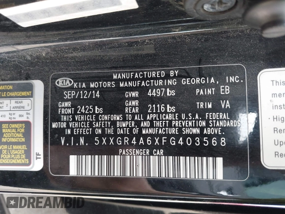 2015 Kia Optima SX Turbo with VIN 5XXGR4A6XFG403568, listed as a IAAI auction lot 42200293 with 199,639 mi miles and . Bid and sale history available at DreamBid. Image 9.