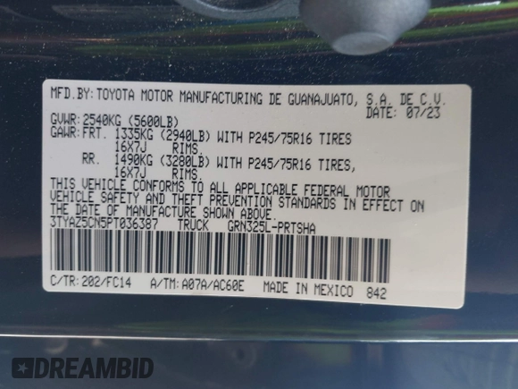 2023 Toyota Tacoma SR5 z VIN 3TYAZ5CN5PT036387, wystawiony jako IAAI lot #42077284 z przebiegiem 34 568 mil mil oraz . Historia ofert i sprzedaży dostępna na DreamBid. Obrazek 9.