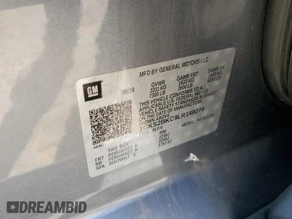 2020 GMC Yukon SLT with VIN 1GKS2BKC9LR149274, listed as a Copart auction lot 83850444 with 0 mi miles and Salvage Title. Bid and sale history available at carsss.com. Image 13.