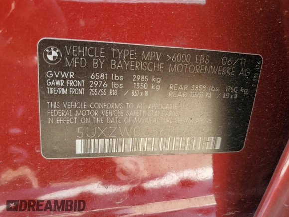 2011 BMW X5 35d with VIN 5UXZW0C56BL661903, listed as a Copart auction lot 62216795 with 146,045 mi miles and Clean title. Bid and sale history available at DreamBid. Image 13.