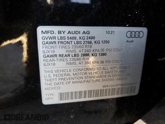 2022 Audi Q5 S line Premium with VIN WA1GAAFY8N2033347, listed as a Copart auction lot 87833315 with 32,309 mi miles and Salvage Title. Bid and sale history available at carsss.com. Image 13.