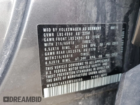 2016 Volkswagen Tiguan S with VIN WVGBV7AXXGW538299, listed as a Copart auction lot 54798525 with 149,961 mi miles and Clean Title. Bid and sale history available at DreamBid. Image 13.
