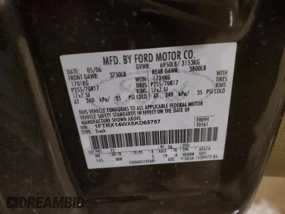 2006 Ford F-150 STX with VIN 1FTRX14WX6KD65757, listed as a Copart auction lot 44911005 with 142,605 mi miles and Non Repairable. Bid and sale history available at carsss.com. Image 14.