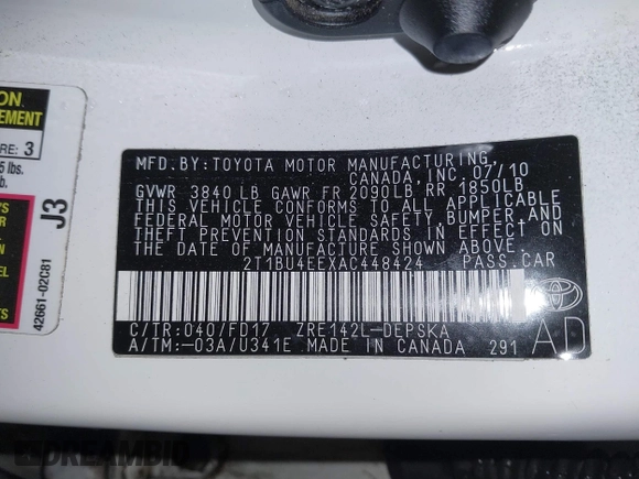 2010 Toyota Corolla with VIN 2T1BU4EEXAC448424, listed as a IAAI auction lot 41892816 with 158,538 mi miles. Bid and sale history available at carsss.com. Image 9.