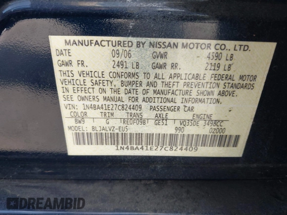 2007 Nissan Maxima SE z VIN 1N4BA41E27C824409, wystawiony jako IAAI lot #42367195 z przebiegiem 125 696 mil mil oraz . Historia ofert i sprzedaży dostępna na DreamBid. Obrazek 9.