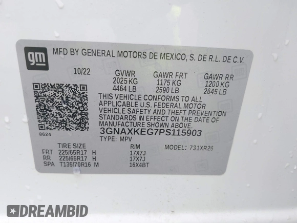 2023 Chevrolet Equinox LT with VIN 3GNAXKEG7PS115903, listed as a IAAI auction lot 42239054 with 18,032 mi miles and . Bid and sale history available at DreamBid. Image 9.