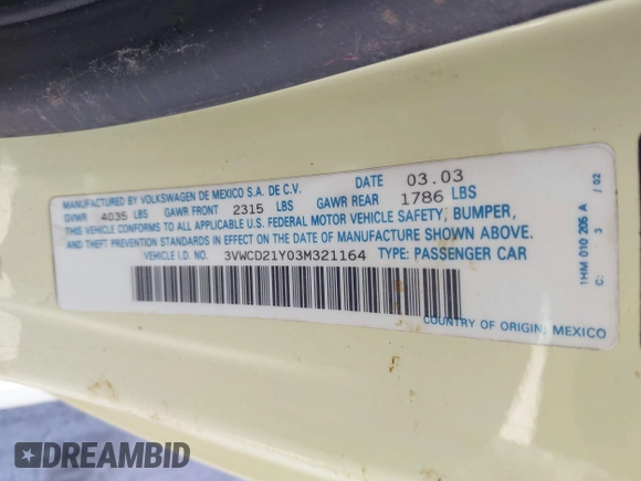 2003 Volkswagen Beetle GLS с VIN 3VWCD21Y03M321164, выставлен на аукционе IAAI как лот 41689568 с пробегом 107 402 миль миль и . История ставок и продаж доступна на DreamBid. Изображение 9.