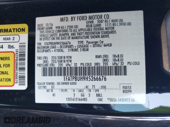2017 Ford Mustang EcoBoost Premium z VIN 1FATP8UH9H5266676, wystawiony jako IAAI lot #42498829 z przebiegiem 24 255 mil mil oraz . Historia ofert i sprzedaży dostępna na DreamBid. Obrazek 9.