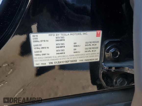 2016 Tesla Model S 70 kWh Battery with VIN 5YJSA1E19GF156269, listed as a Copart auction lot 54616245 with 100,809 mi miles and Clean Title. Bid and sale history available at carsss.com. Image 12.