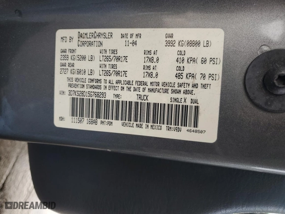 2005 Dodge Ram 2500 SLT with VIN 3D7KS28D15G768293, listed as a Copart auction lot 45110895 with 195,127 mi miles and Salvage Title. Bid and sale history available at carsss.com. Image 12.