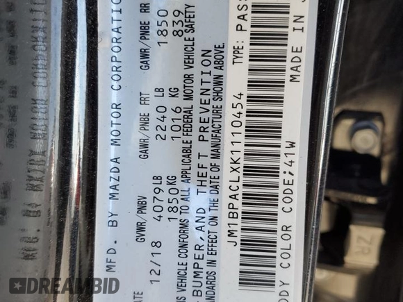 2019 Mazda 3 Select with VIN JM1BPACLXK1110454, listed as a Copart auction lot 87614775 with 19,322 mi miles and Salvage Title. Bid and sale history available at carsss.com. Image 12.
