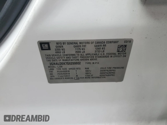 2016 Chevrolet Equinox LTZ z VIN 2GNALDEK7G6299802, wystawiony jako Copart lot #55445645 z przebiegiem Nie podano mil oraz Nie do naprawy • Non repairable. Historia ofert i sprzedaży dostępna na DreamBid. Obrazek 14.