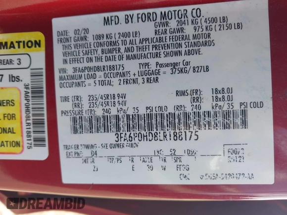2020 Ford Fusion SE with VIN 3FA6P0HD8LR188175, listed as a IAAI auction lot 42403762 with 84,053 mi miles and . Bid and sale history available at DreamBid. Image 9.