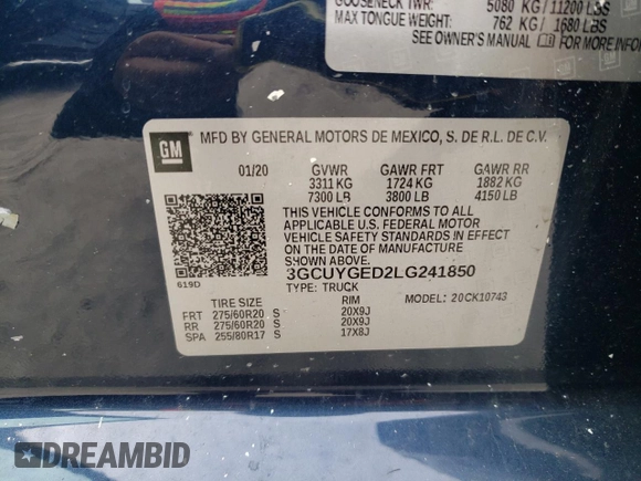 2020 Chevrolet Silverado 1500 LTZ with VIN 3GCUYGED2LG241850, listed as a Copart auction lot 47477065 with 31,589 mi miles and Salvage Title. Bid and sale history available at DreamBid. Image 13.