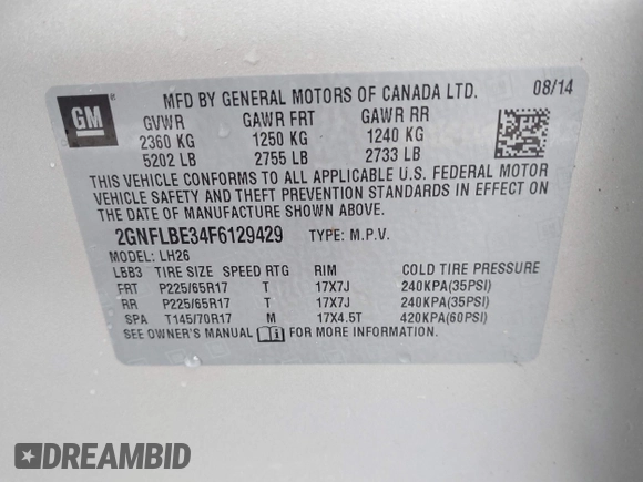 2015 Chevrolet Equinox LT with VIN 2GNFLBE34F6129429, listed as a IAAI auction lot 41732936 with 95,198 mi miles and . Bid and sale history available at carsss.com. Image 9.