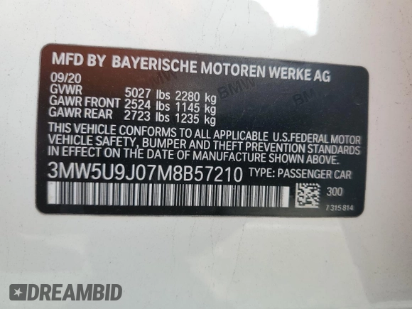 2021 BMW 3 Series M340i xDrive with VIN 3MW5U9J07M8B57210, listed as a Copart auction lot 86221464 with 50,810 mi miles and Salvage Title. Bid and sale history available at carsss.com. Image 14.