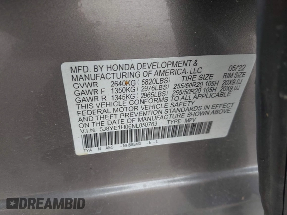 2022 Acura MDX w/A-Spec Package with VIN 5J8YE1H06NL050763, listed as a IAAI auction lot 42280138 with 30,037 mi miles and . Bid and sale history available at DreamBid. Image 9.