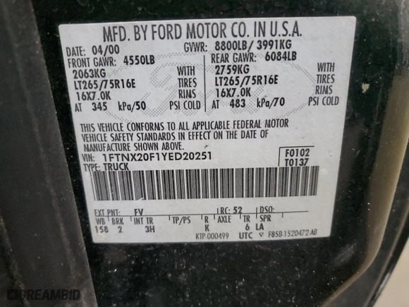 2000 Ford Super Duty F-250 XL with VIN 1FTNX20F1YED20251, listed as a Copart auction lot 79762464 with 306,364 mi miles and Salvage Title. Bid and sale history available at carsss.com. Image 12.