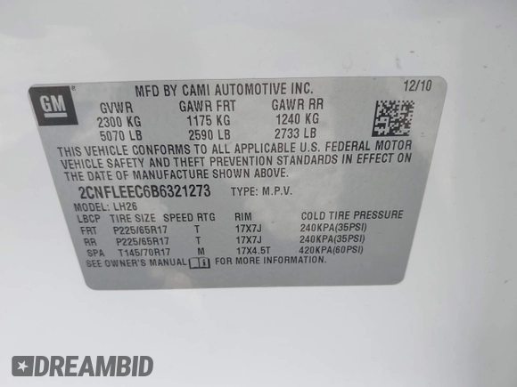 2011 Chevrolet Equinox 1LT with VIN 2CNFLEEC6B6321273, listed as a IAAI auction lot 42165234 with 178,259 mi miles and . Bid and sale history available at DreamBid. Image 9.