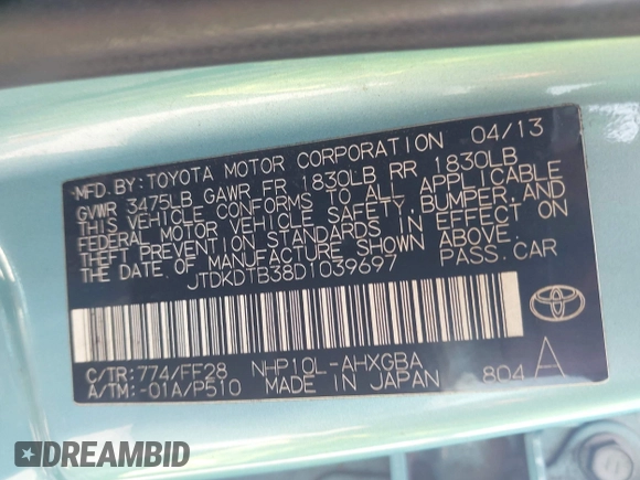 2013 Toyota Prius One z VIN JTDKDTB38D1039697, wystawiony jako IAAI lot #42378154 z przebiegiem 177 044 mil mil oraz . Historia ofert i sprzedaży dostępna na DreamBid. Obrazek 9.