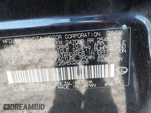 2021 Lexus IS 350 F Sport with VIN JTHGZ1E25M5020868, listed as a IAAI auction lot 41644962 with Not provided miles and . Bid and sale history available at DreamBid. Image 9.