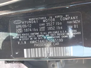 2012 Hyundai Accent GLS with VIN KMHCT4AE3CU265199, listed as a IAAI auction lot 41826958 with 121,618 mi miles. Bid and sale history available at carsss.com. Image 9.