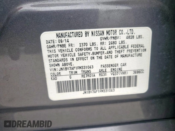 2015 Infiniti Q50 Sport with VIN JN1BV7AP1FM331043, listed as a Copart auction lot 60319895 with 150,645 mi miles and Salvage title. Bid and sale history available at DreamBid. Image 12.