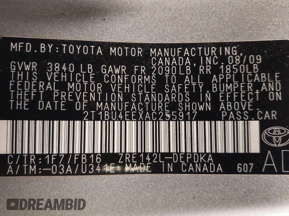 2010 Toyota Corolla with VIN 2T1BU4EEXAC255917, listed as a IAAI auction lot 41654689 with 46,960 mi miles. Bid and sale history available at carsss.com. Image 9.