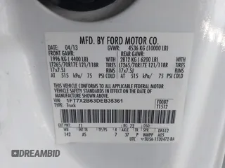 2013 Ford F-250 XL with VIN 1FT7X2B63DEB35361, listed as a IAAI auction lot 41396136 with 141,342 mi miles and . Bid and sale history available at DreamBid. Image 9.