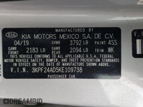 2019 Kia Forte LXS with VIN 3KPF24AD5KE109738, listed as a Copart auction lot 47586575 with 55,659 mi miles and Salvage Title. Bid and sale history available at carsss.com. Image 13.
