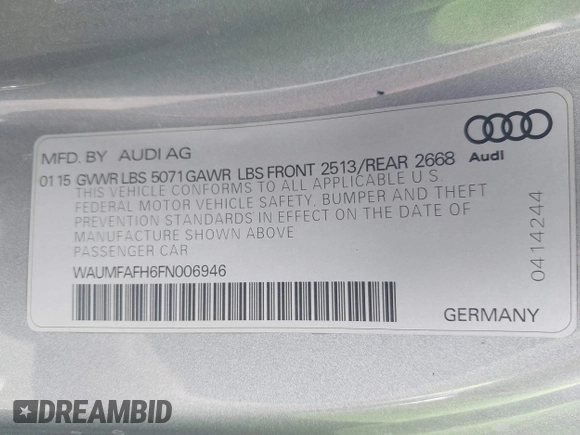 2015 Audi A5 Premium Plus z VIN WAUMFAFH6FN006946, wystawiony jako IAAI lot #42188356 z przebiegiem 147 402 mil mil oraz . Historia ofert i sprzedaży dostępna na DreamBid. Obrazek 9.