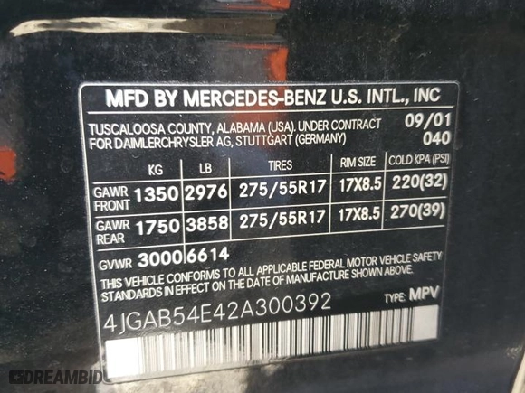 2002 Mercedes-Benz M-Class with VIN 4JGAB54E42A300392, listed as a Copart auction lot 85862904 with 50,852 mi miles and Salvage Title. Bid and sale history available at carsss.com. Image 13.