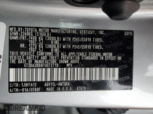2015 Toyota Venza LE z VIN 4T3BA3BB8FU072719, wystawiony jako Copart lot #49866435 z przebiegiem 128 531 mil mil oraz Szkoda całkowita • Salvage title. Historia ofert i sprzedaży dostępna na DreamBid. Obrazek 15.