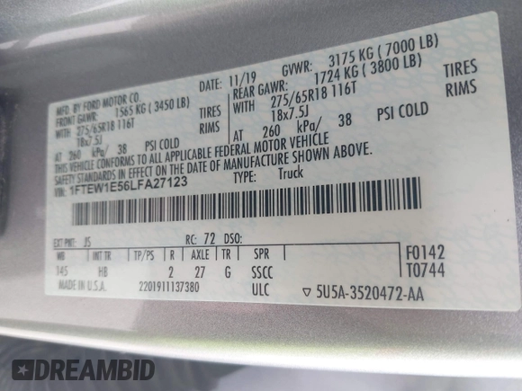 2020 Ford F-150 XL with VIN 1FTEW1E56LFA27123, listed as a IAAI auction lot 42212376 with 82,390 mi miles and . Bid and sale history available at DreamBid. Image 9.