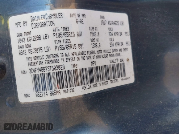 2003 Chrysler PT Cruiser with VIN 3C4FY48B73T503029, listed as a IAAI auction lot 41380601 with 89,461 mi miles. Bid and sale history available at carsss.com. Image 9.