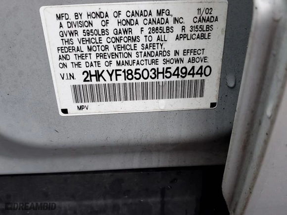 2003 Honda Pilot EX with VIN 2HKYF18503H549440, listed as a Copart auction lot 54576885 with 0 mi miles and Non Repairable. Bid and sale history available at carsss.com. Image 13.