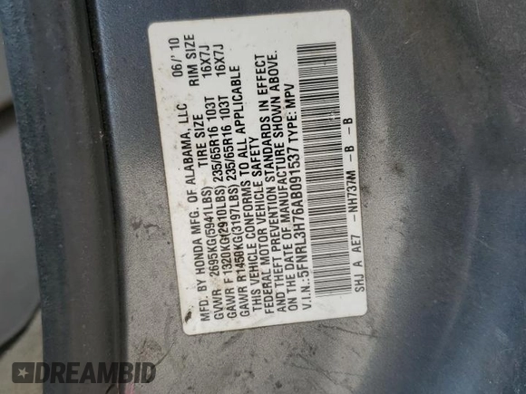 2010 Honda Odyssey EX-L с VIN 5FNRL3H76AB091537, выставлен на аукционе Copart как лот 60861615 с пробегом Не указан миль и Чистый • Clean title. История ставок и продаж доступна на DreamBid. Изображение 13.