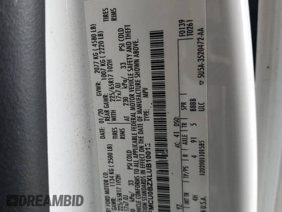 2020 Ford Escape SE Sport Hybrid with VIN 1FMCU0BZXLUB10012, listed as a Copart auction lot 56632465 with 114,190 mi miles and Non repairable. Bid and sale history available at DreamBid. Image 13.