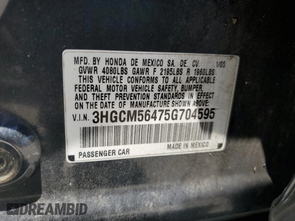 2005 Honda Accord LX with VIN 3HGCM56475G704595, listed as a Copart auction lot 57961995 with 227,667 mi miles and Salvage title. Bid and sale history available at DreamBid. Image 12.