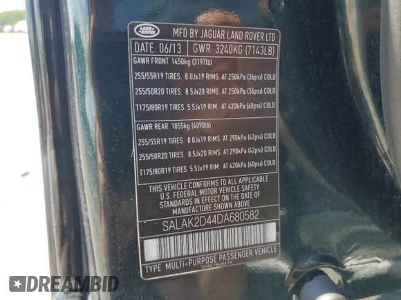 2013 Land Rover LR4 Lux with VIN SALAK2D44DA680582, listed as a Copart auction lot 63627765 with 94,326 mi miles and Salvage title. Bid and sale history available at DreamBid. Image 14.